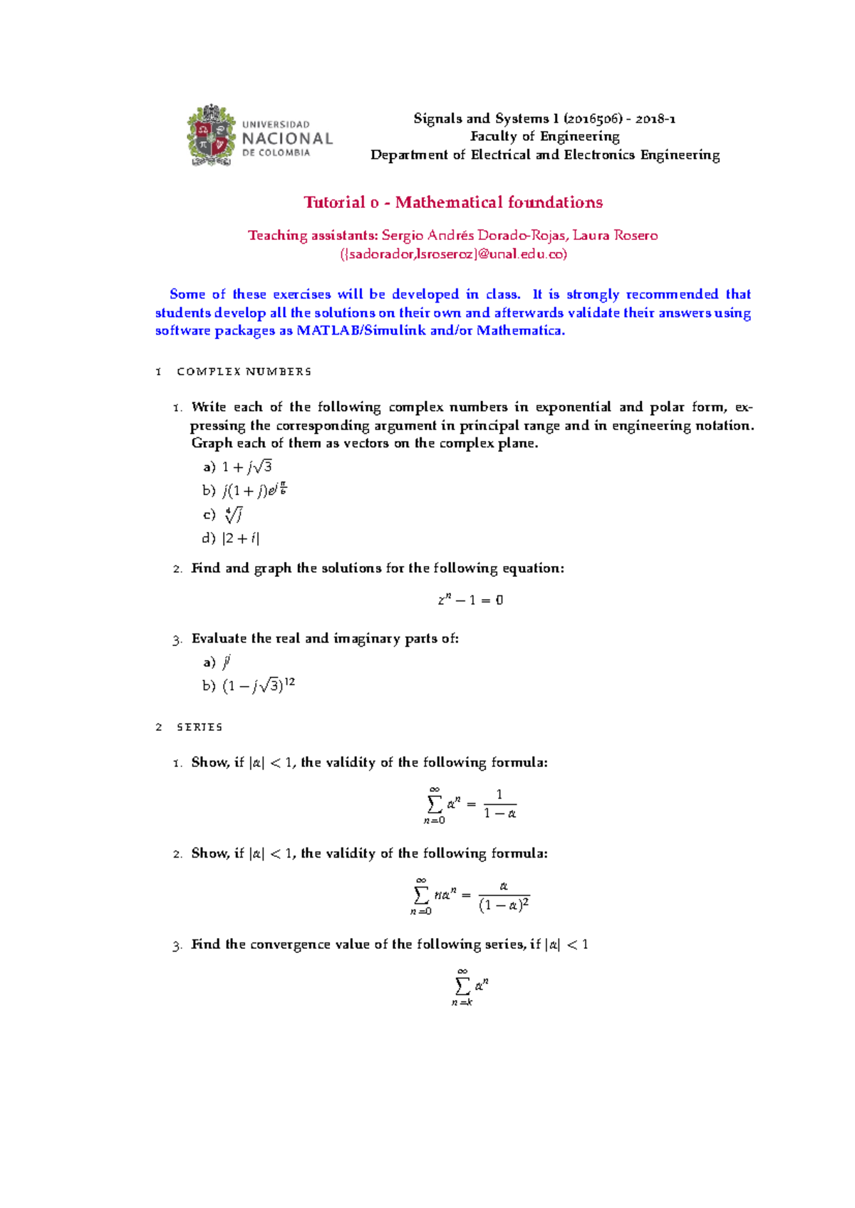 Tutorial 0 - Mathematical foundations (Exercises) - Signals and Systems ...