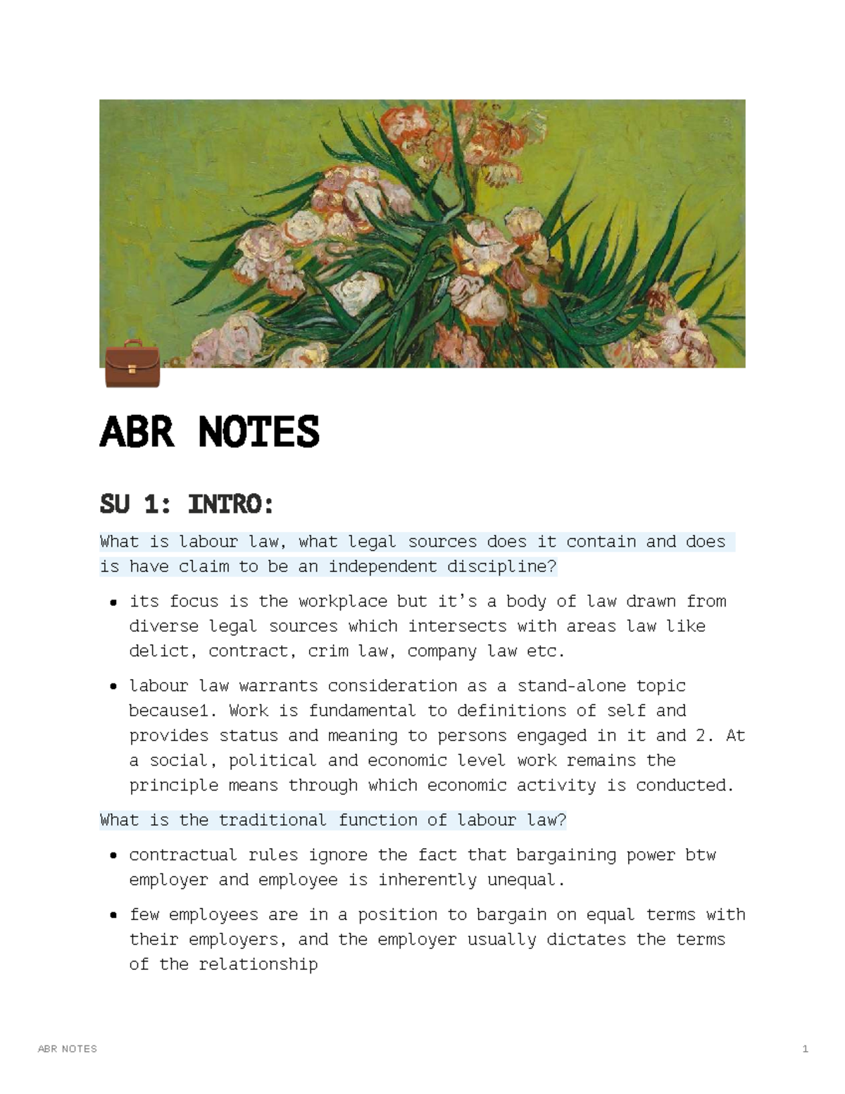 ABR SU 1: Labour Law Overview and Key Concepts - Studocu