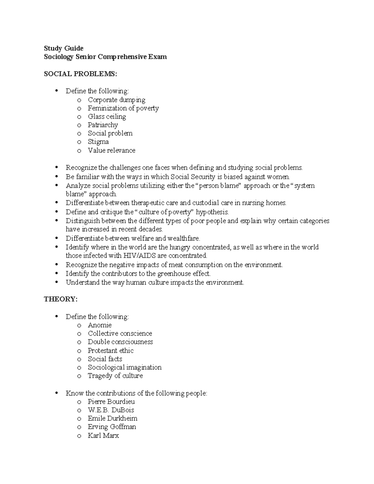 Sociology Comp Study Guide - Study Guide Sociology Senior Comprehensive ...