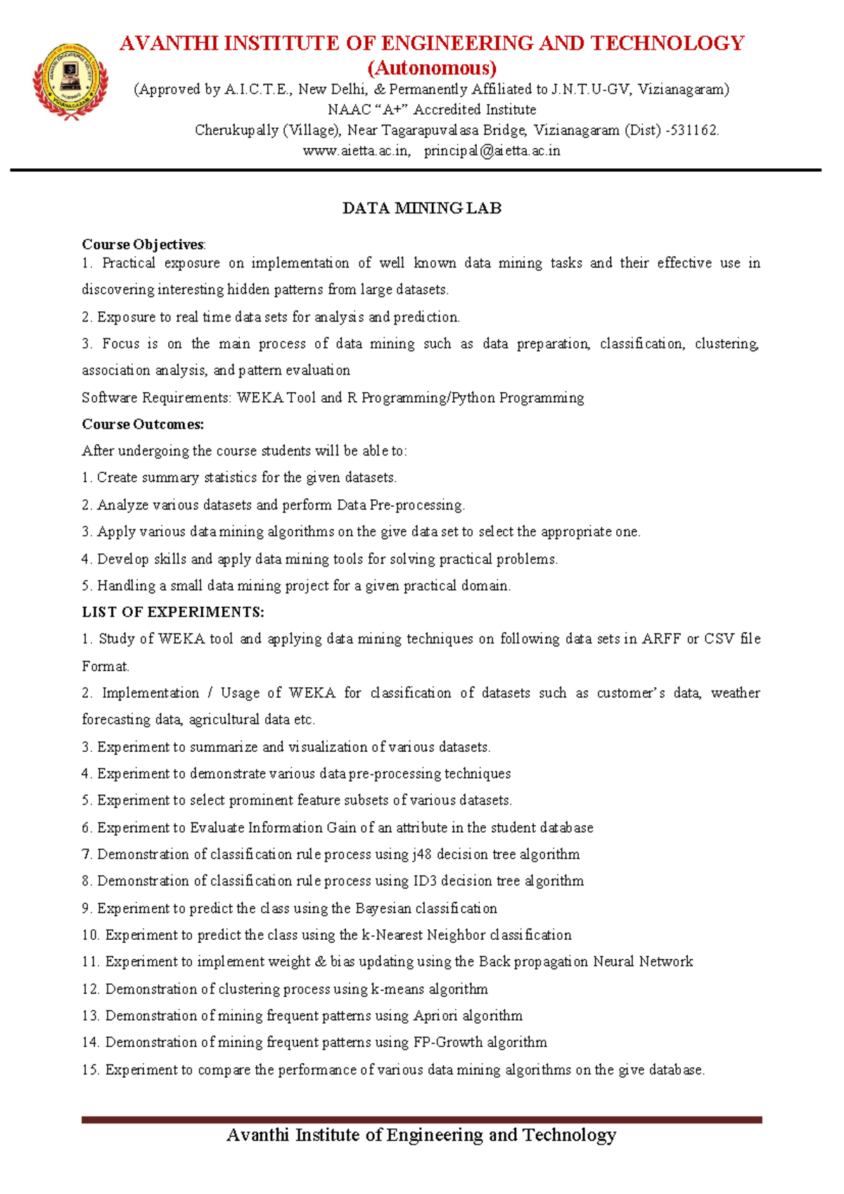 DATA MINING LAB (DM 101) - Practical Manual and Experiments - Studocu