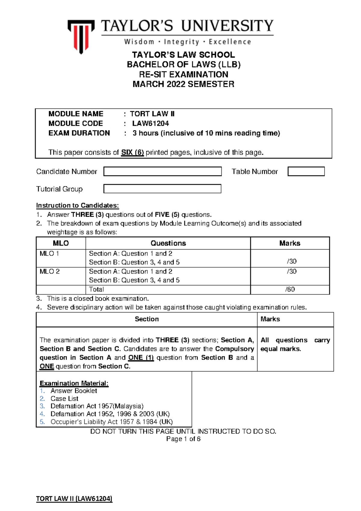LAW61204 - Tort Law II Re-Sit Exam Notes (Mar 2022) - Studocu