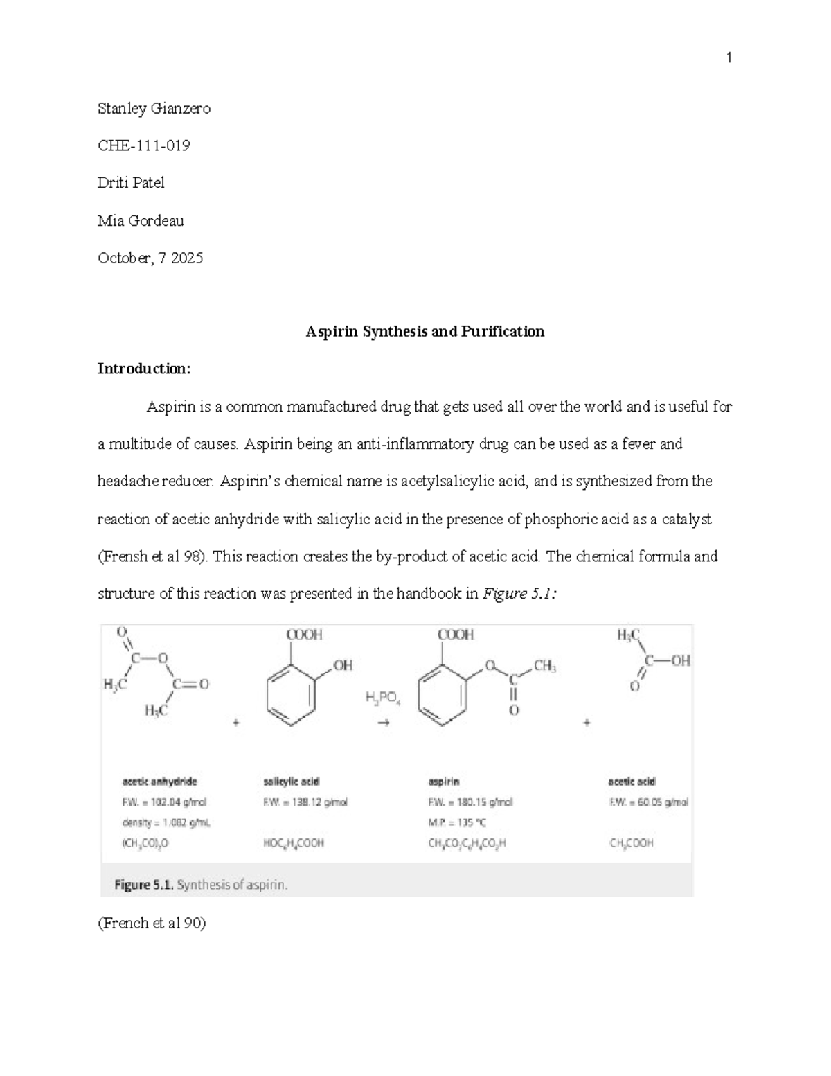 CHE 5: Aspirin Synthesis and Purification Lab Report - Studocu