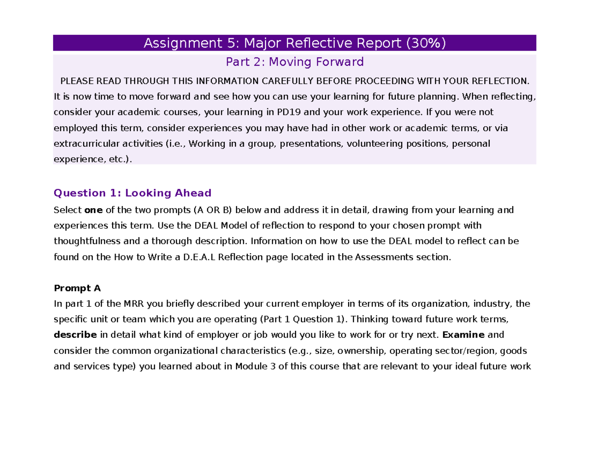 Assignment 5: Major Reflective Report Part 2 - Future Planning Insights ...