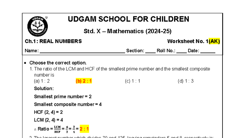 Std. X Mathematics Ch. 1: Real Numbers Worksheet (AK) - Studocu