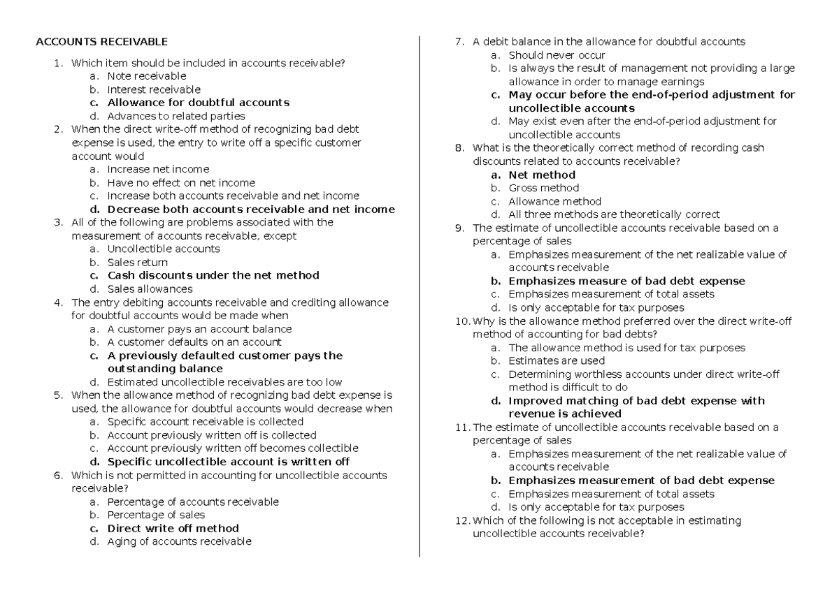 Accounts Receivable MCQs - ACC 101 Final Exam Study Guide - Studocu
