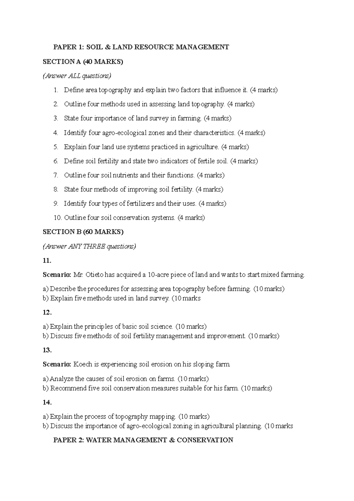 PAPER 1: SOIL AND WATER MANAGEMENT PRACTICE GUIDE - Studocu