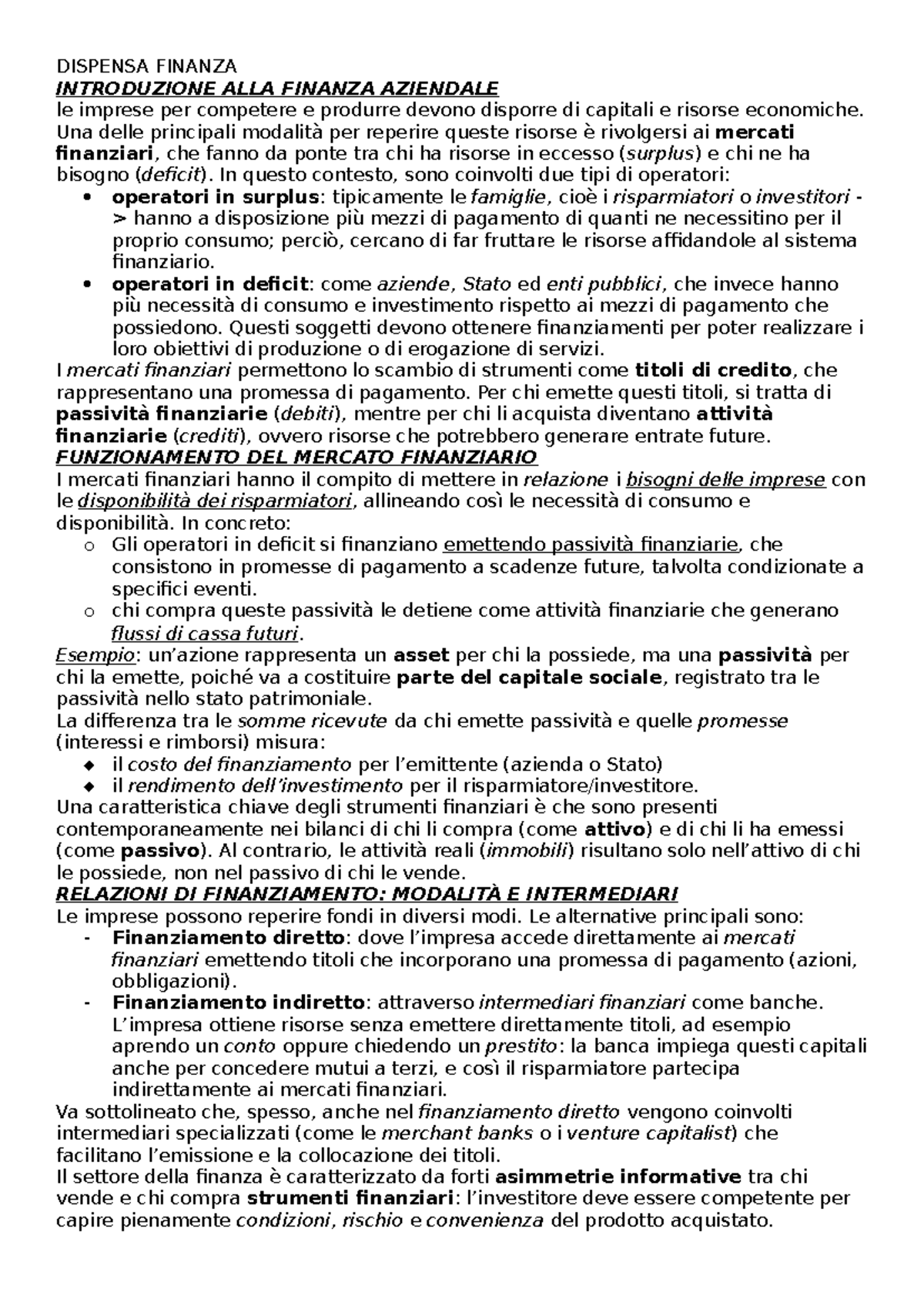 Dispensa Finanza: Introduzione alla Finanza Aziendale - Studocu