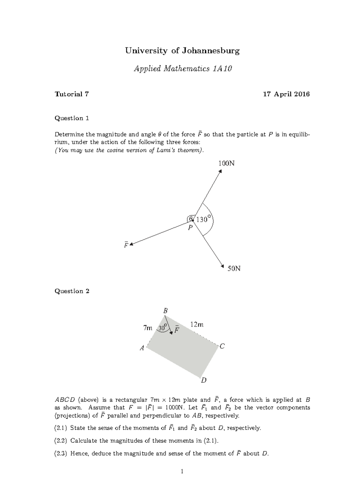 UJ Applied Mathematics 1A10 Tutorial 7 Practice Questions - Studocu