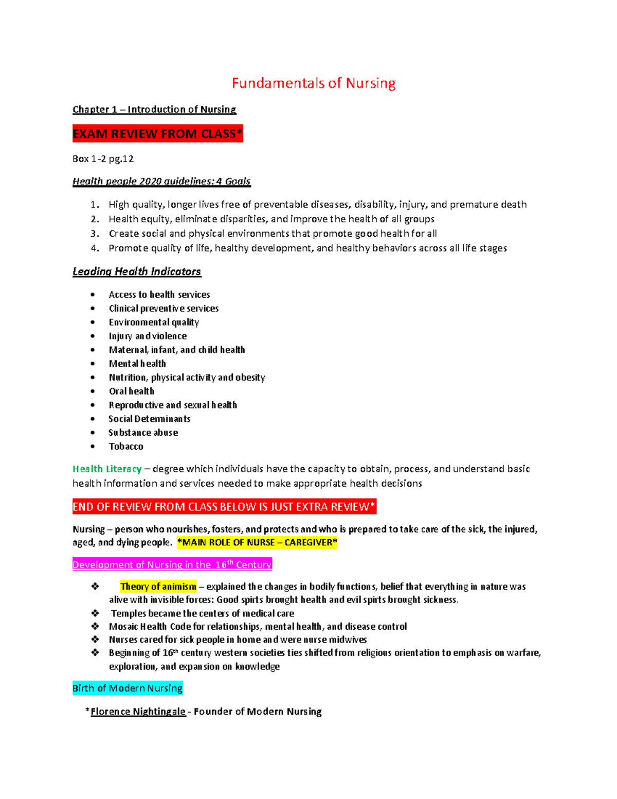 Fundamentals of Nursing Exam 1 Review: Key Concepts & Theories - Studocu