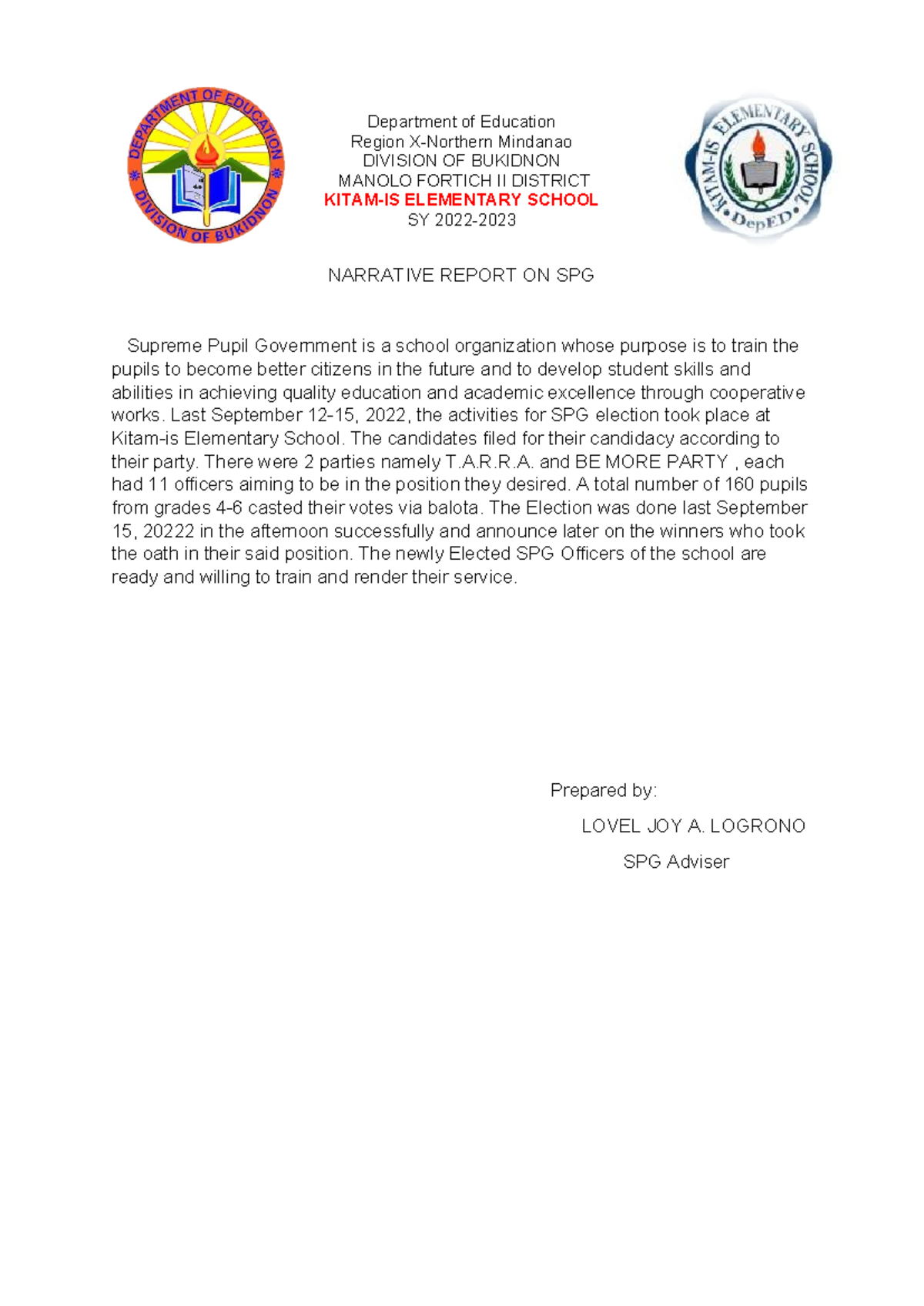 SPG Election Narrative Report 2022 - Kitam-IS ES - Studocu