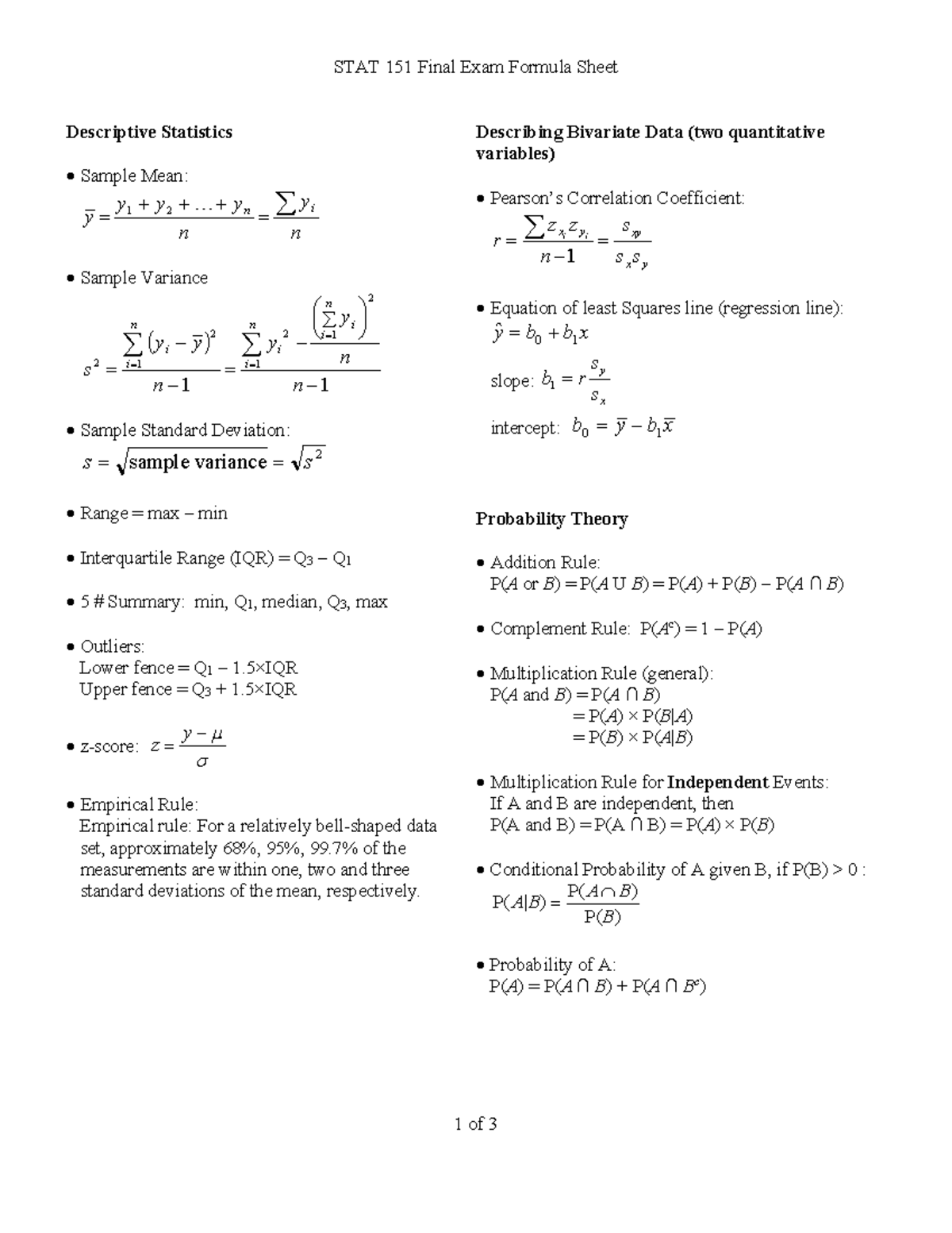 STAT 151 Final Exam Formula Sheet: Descriptive Stats & Probability ...