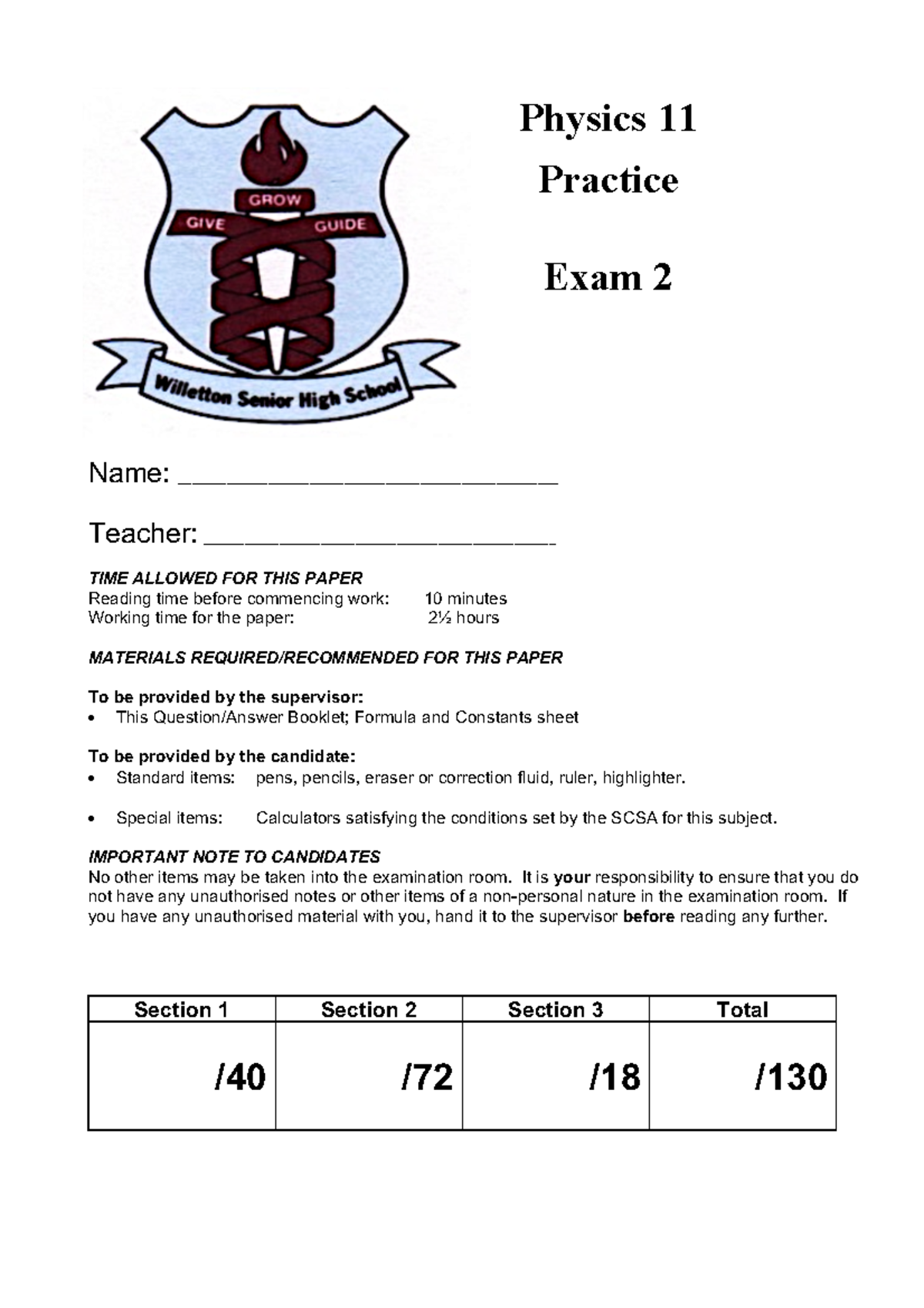 Physics 11 Sem 1 practice exam 2 - Name