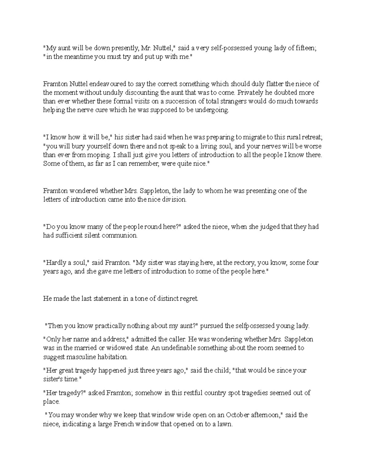 The Open Window: Analysis of Themes and Characters in Short Story - Studocu