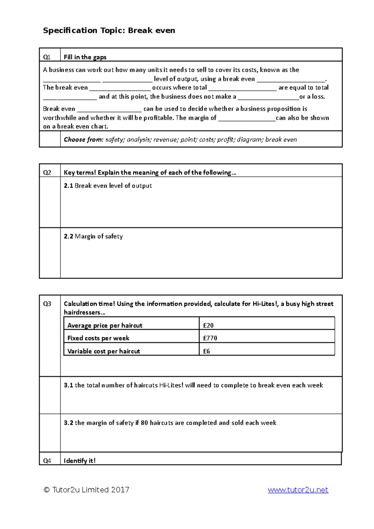 1.3.2 Break even - end of topic tests and answers - Specification Topic ...