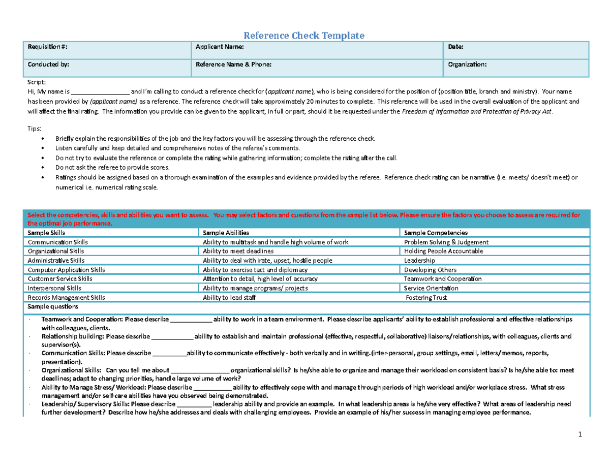 Sample Reference Check Template for Job Applicants - Studocu