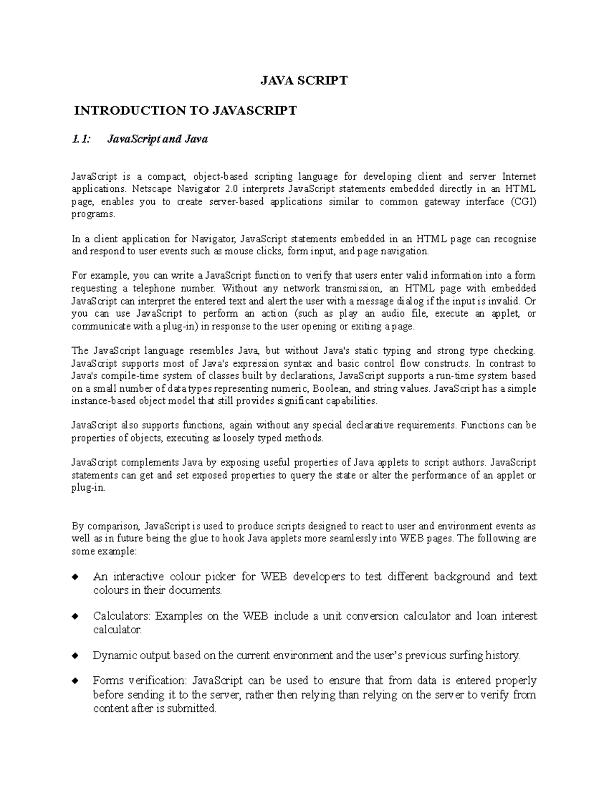 Intro to javascript - NOTES - JAVA SCRIPT INTRODUCTION TO JAVASCRIPT 1 ...