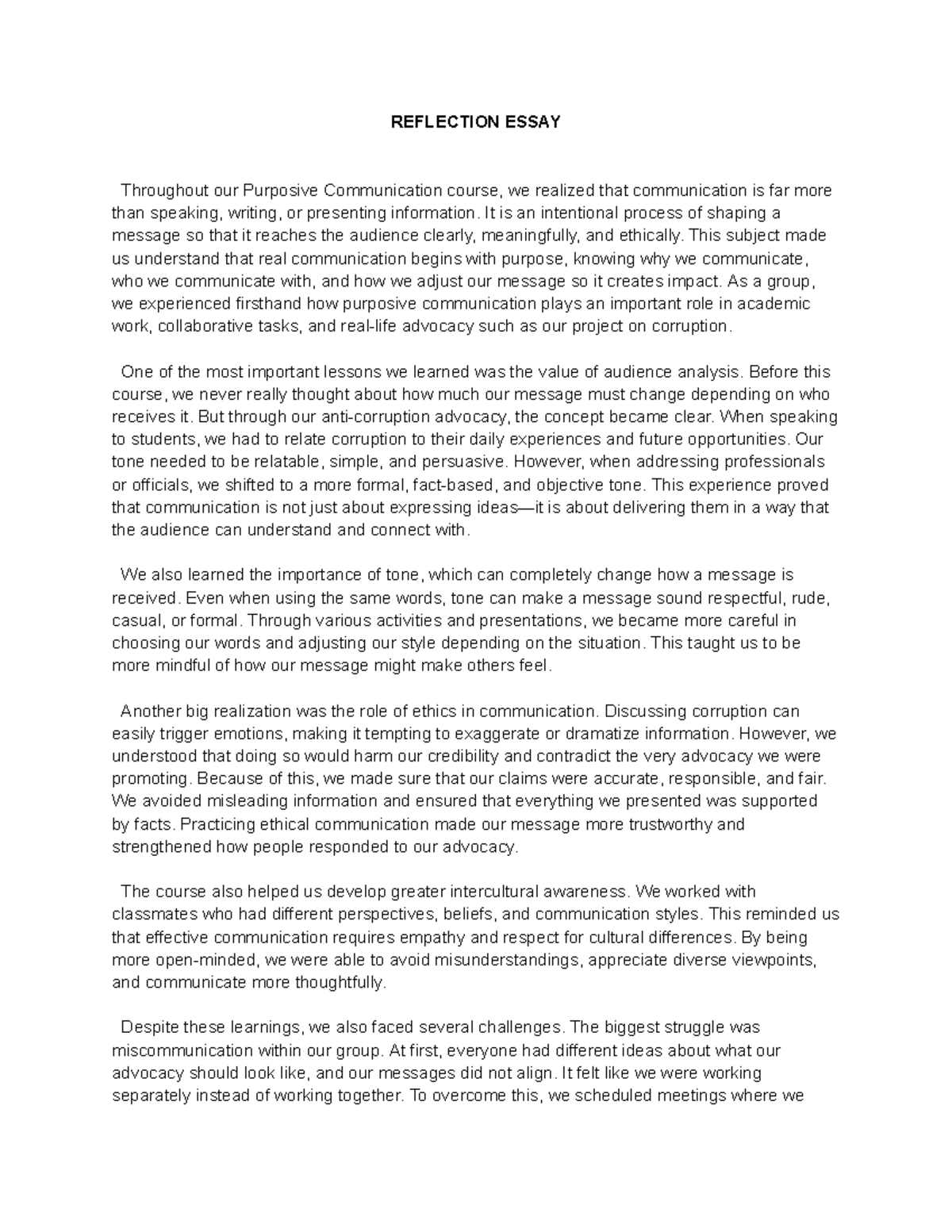 Final Reflection Essay on Purposive Communication (COM101) - Studocu