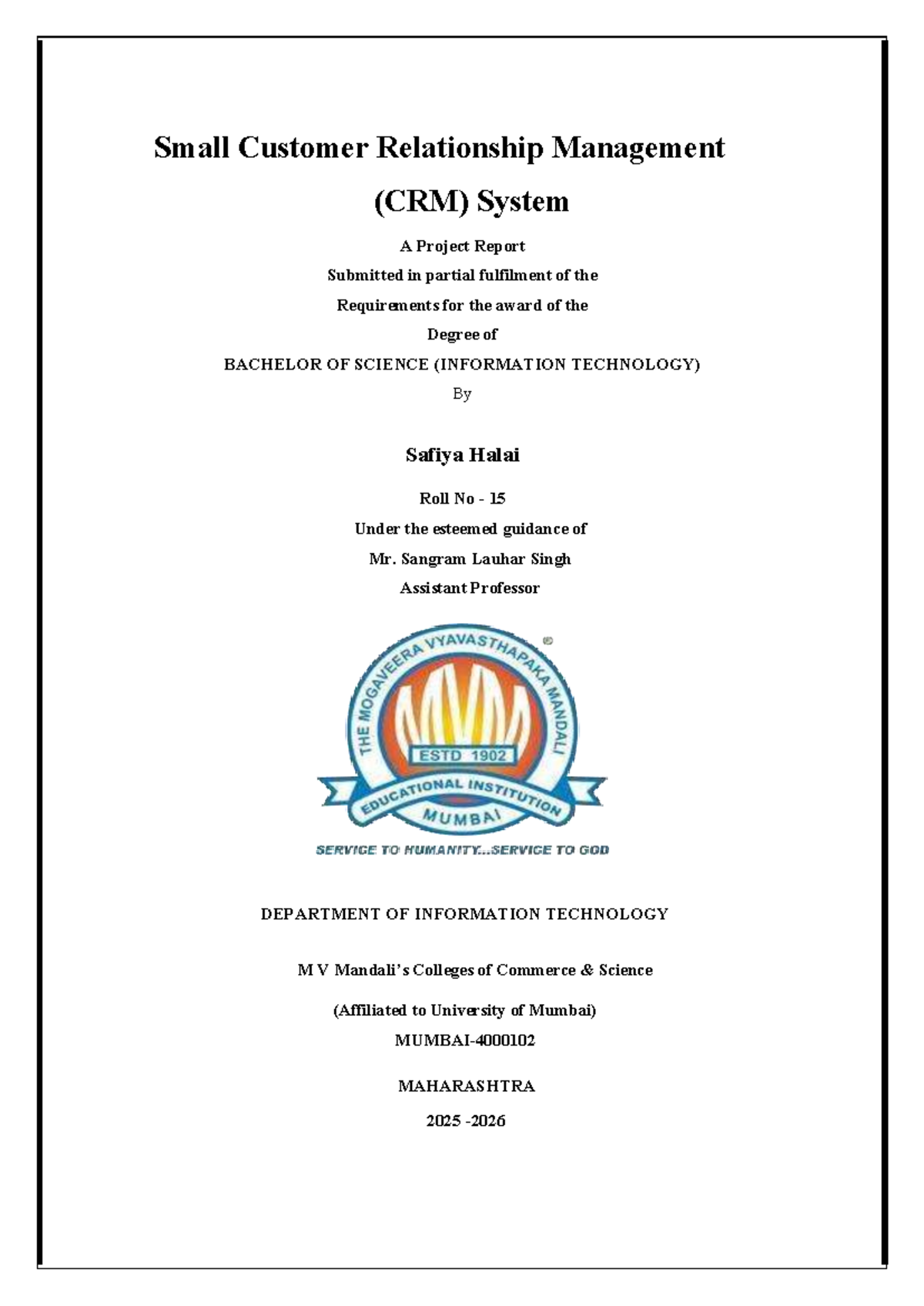 CRM Project Report: Small Customer Relationship Management System (IT ...