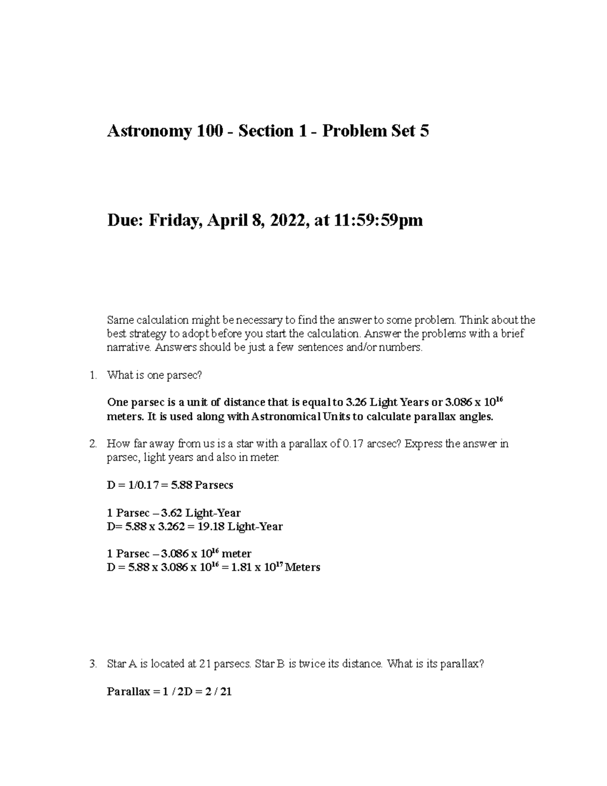 Hw5 - Homework - Astronomy 100 - Section 1 - Problem Set 5 Due: Friday ...