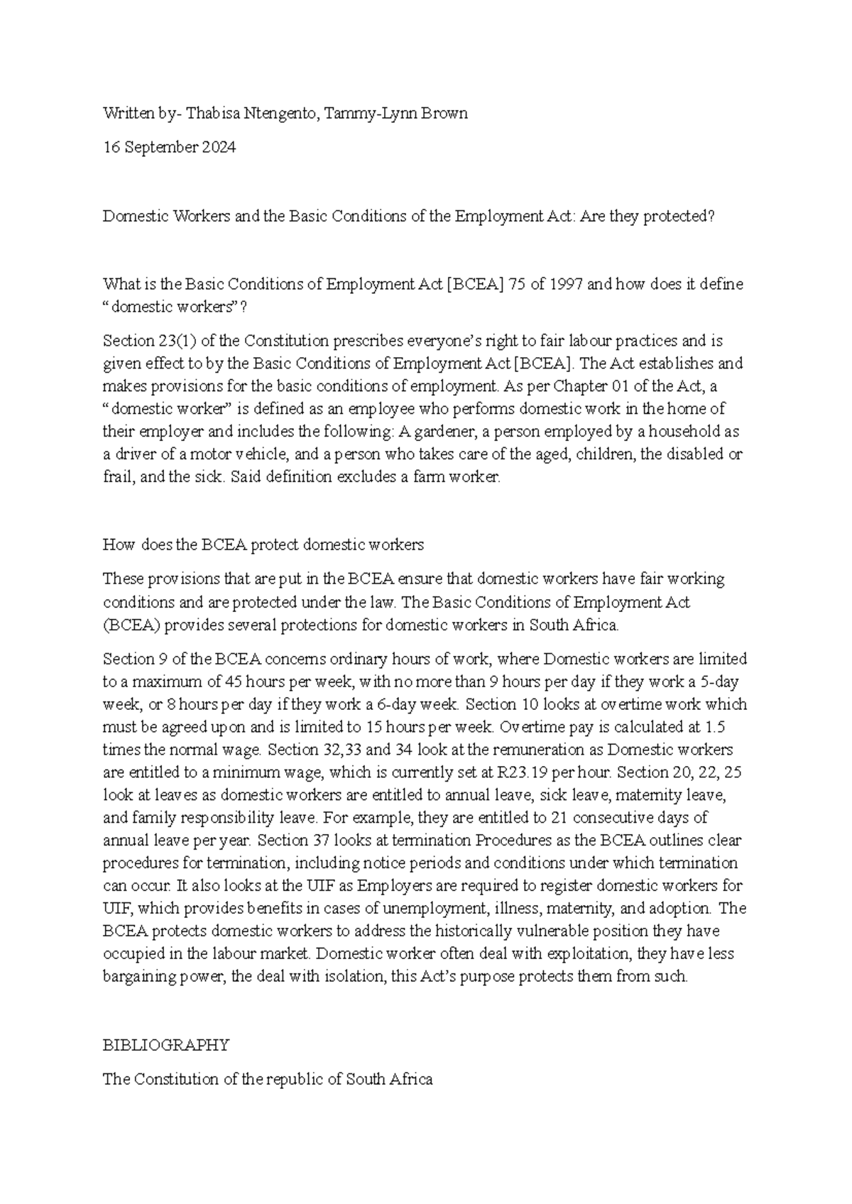 BCEA 75 of 1997: Protecting Domestic Workers' Rights and Conditions ...