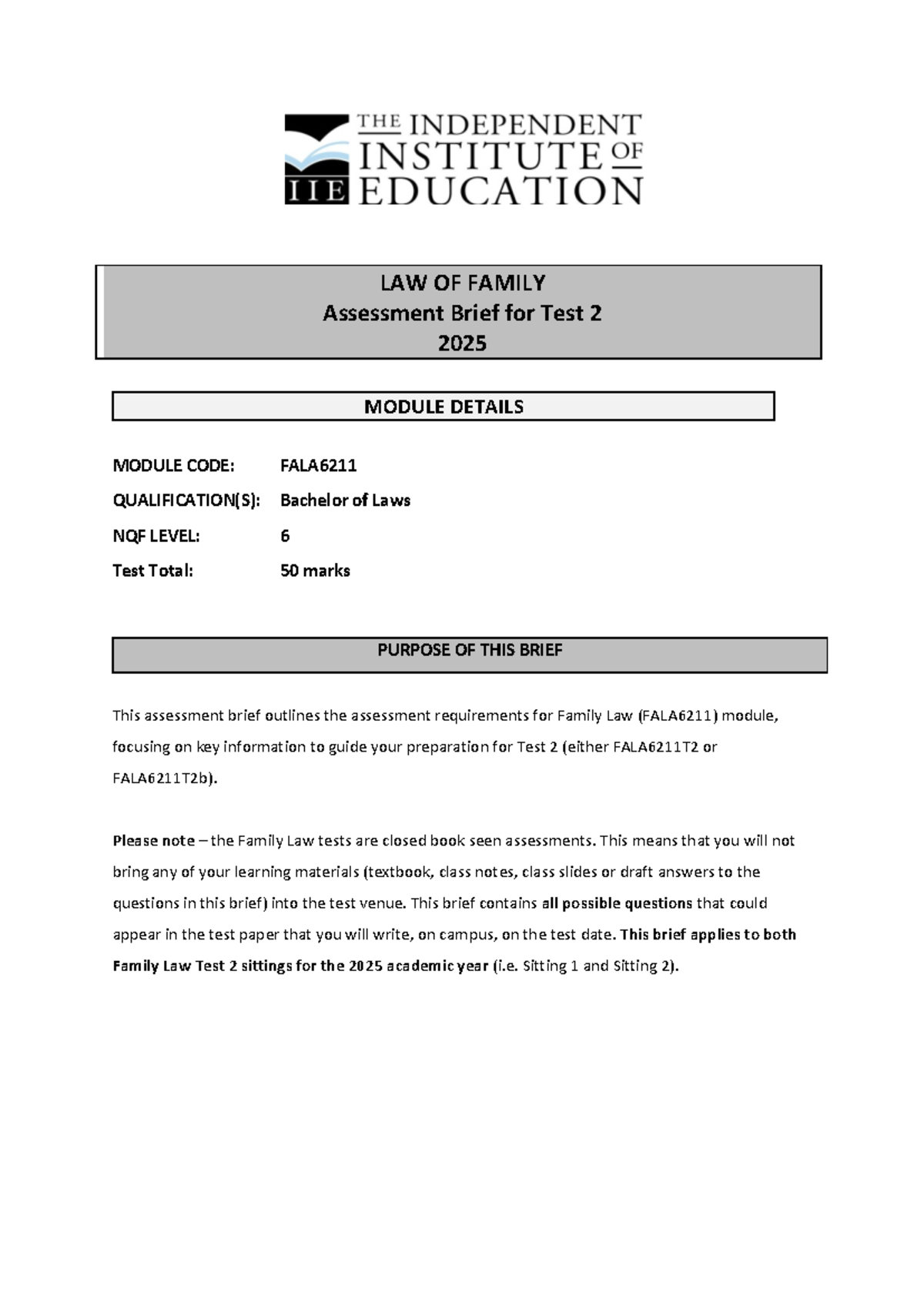 FALA6211 Family Law Test 2 Assessment Brief for 2025 Preparation Guide ...