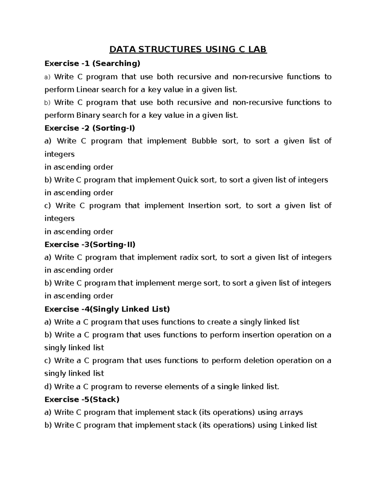 Data Structures R22 Lab Manual: C Programs for Searching & Sorting ...