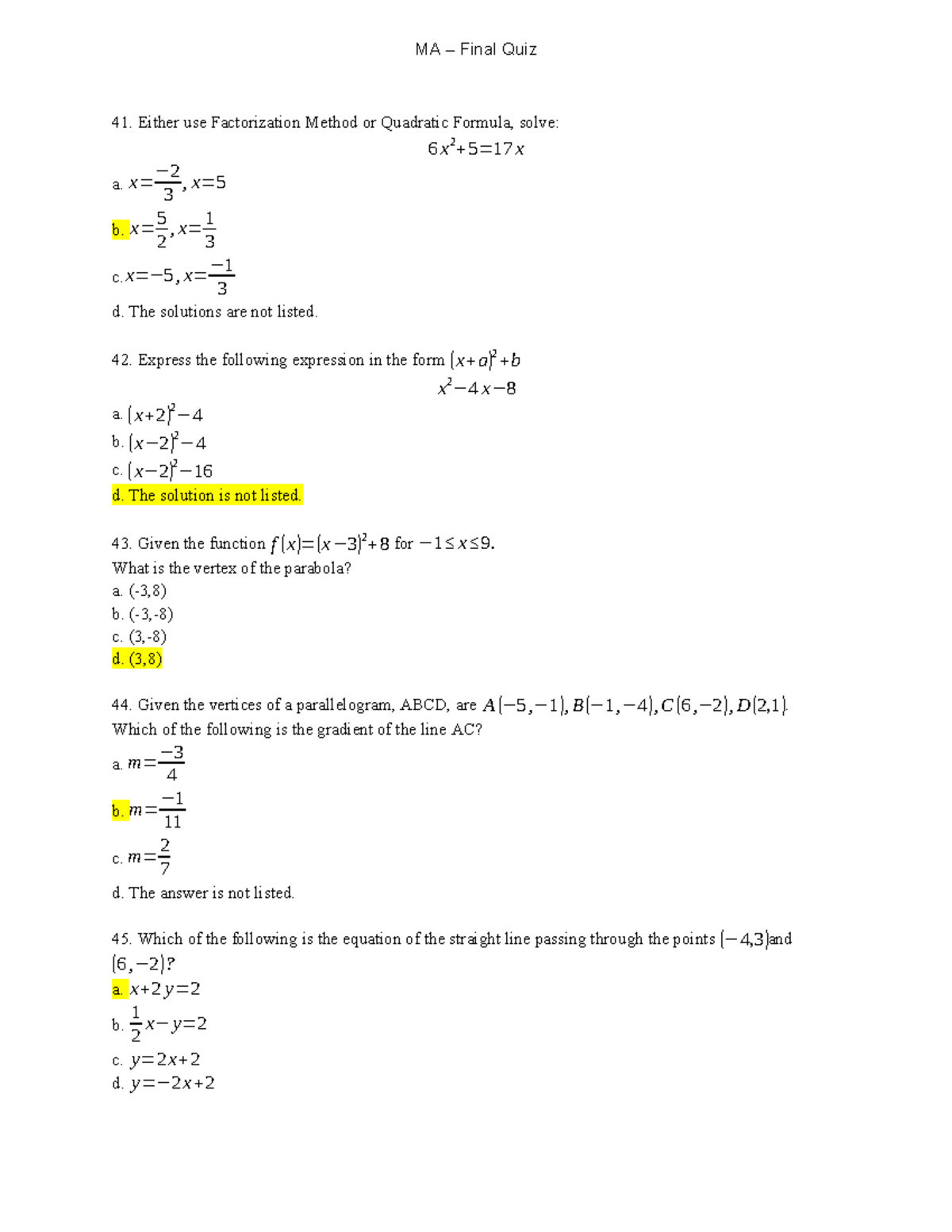 MA - Final Quiz Solutions and Problems Analysis - Studocu