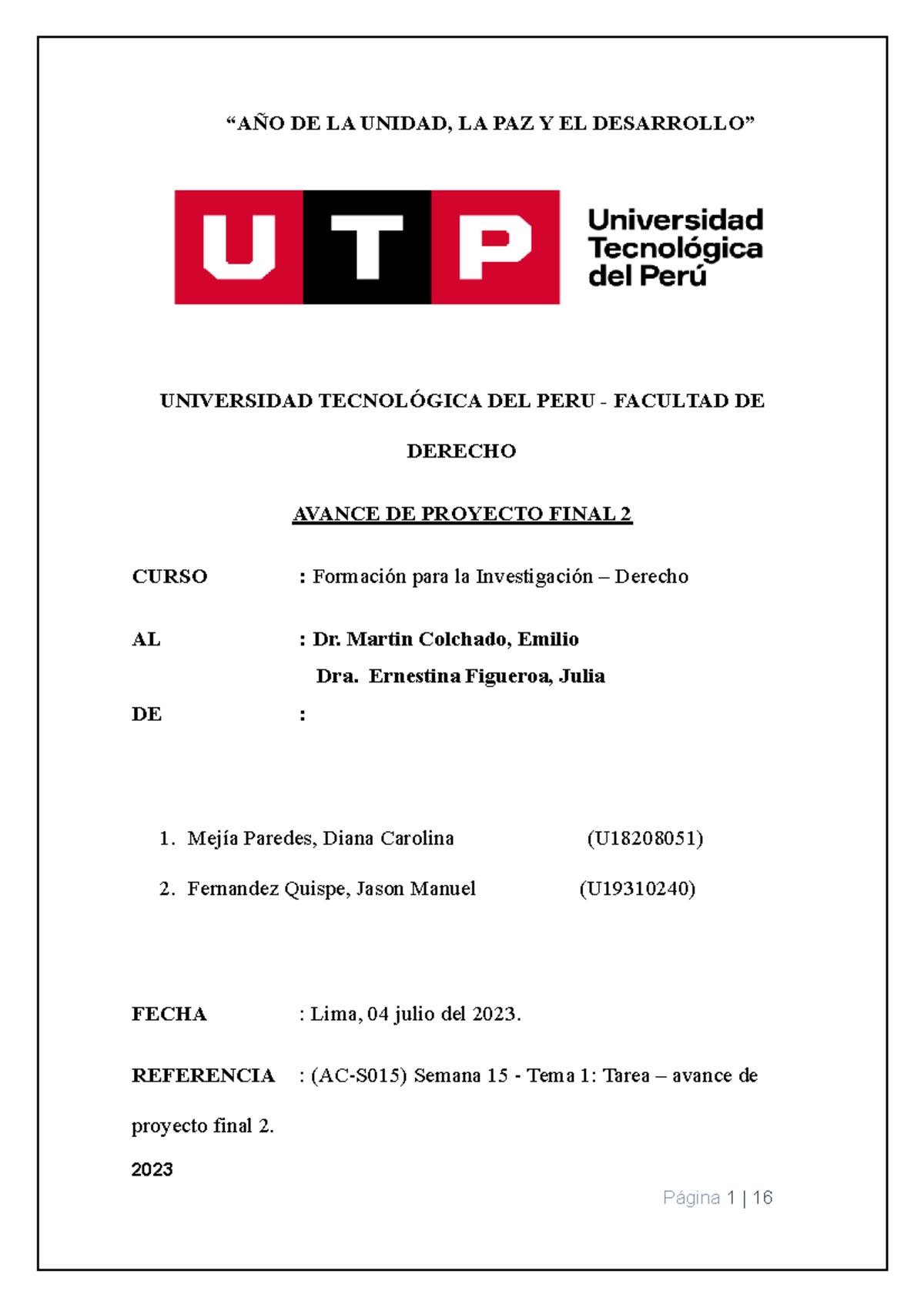 Avance de Proyecto Final 2 - Formación para la Investigación en Derecho - Document Preview
