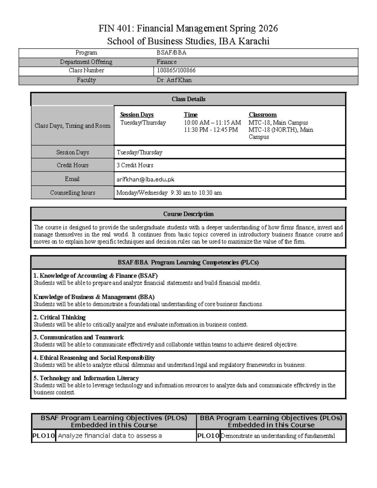 FIN 401: Financial Management Course Outline - Spring 2026 - Studocu