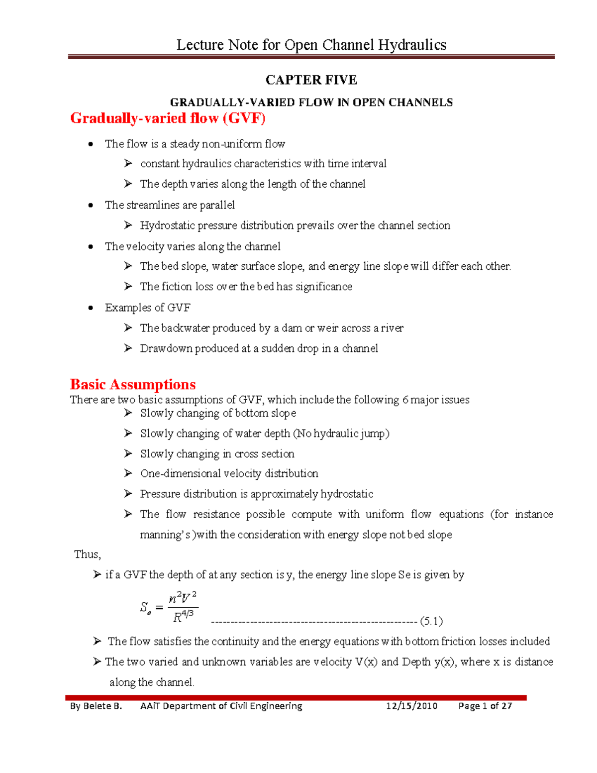"Ch-5 GVF - Gradually Varied Flow in Open Channels - Lecture Notes ...