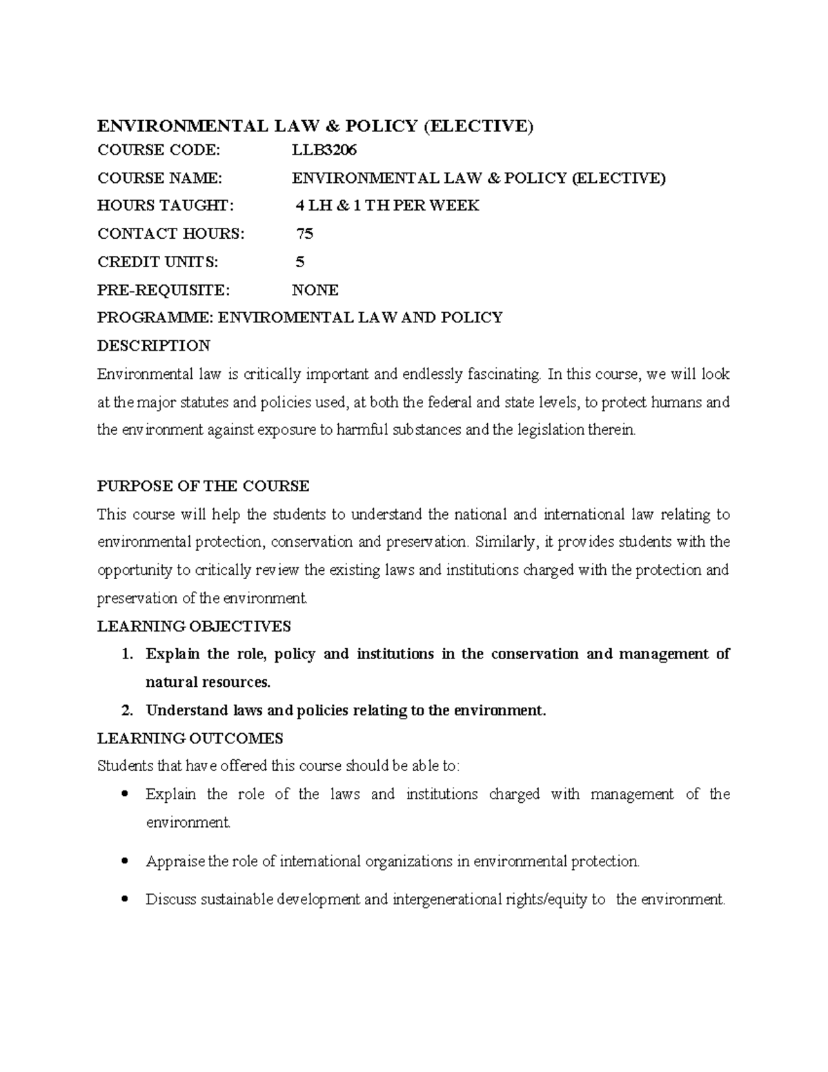 Environmental Law Policy Course Outline (LLB3206) - Studocu