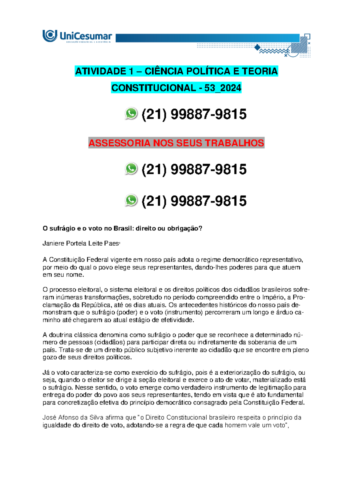O sufrágio e o voto no Brasil: direito ou obrigação? Janiere Portela ...