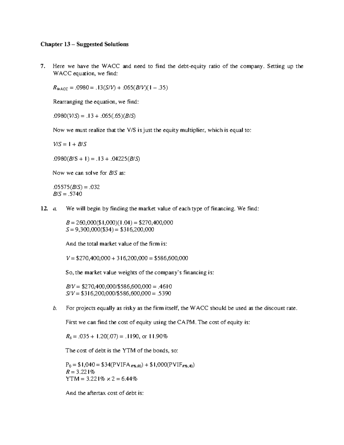 Chapter 13 Solutions: WACC Calculations and Project Evaluations - Studocu