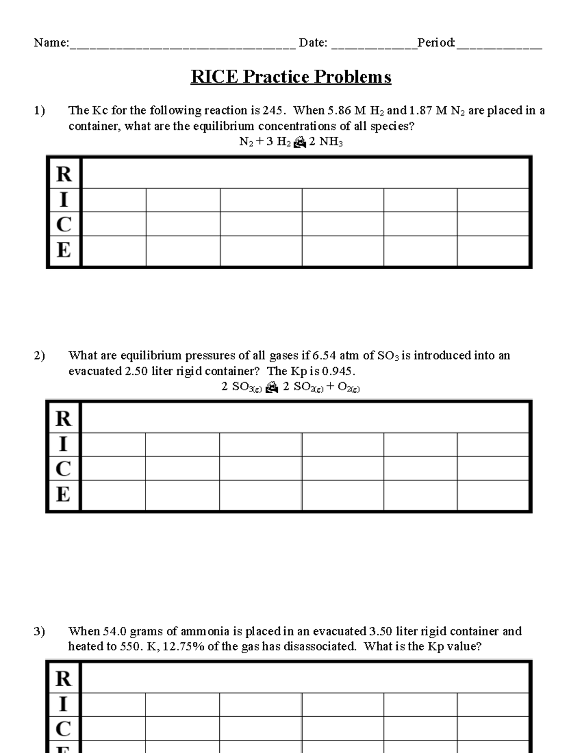 RICE Practice Problems: Equilibrium Concentrations & Kc/Kp Calculations ...