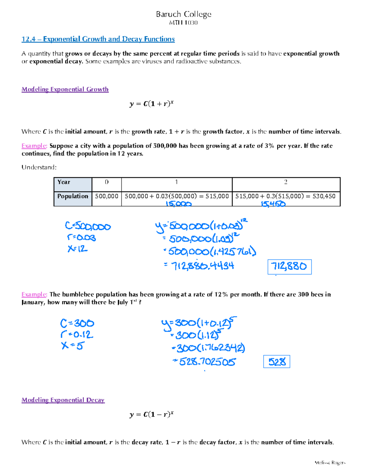 Exponential Growth and Decay Functions - MTH 1030 Notes by Melissa ...