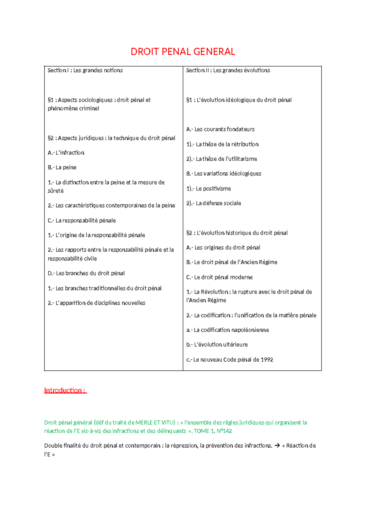 Droit Penal General - DROIT PENAL GENERAL Section I : Les grandes ...