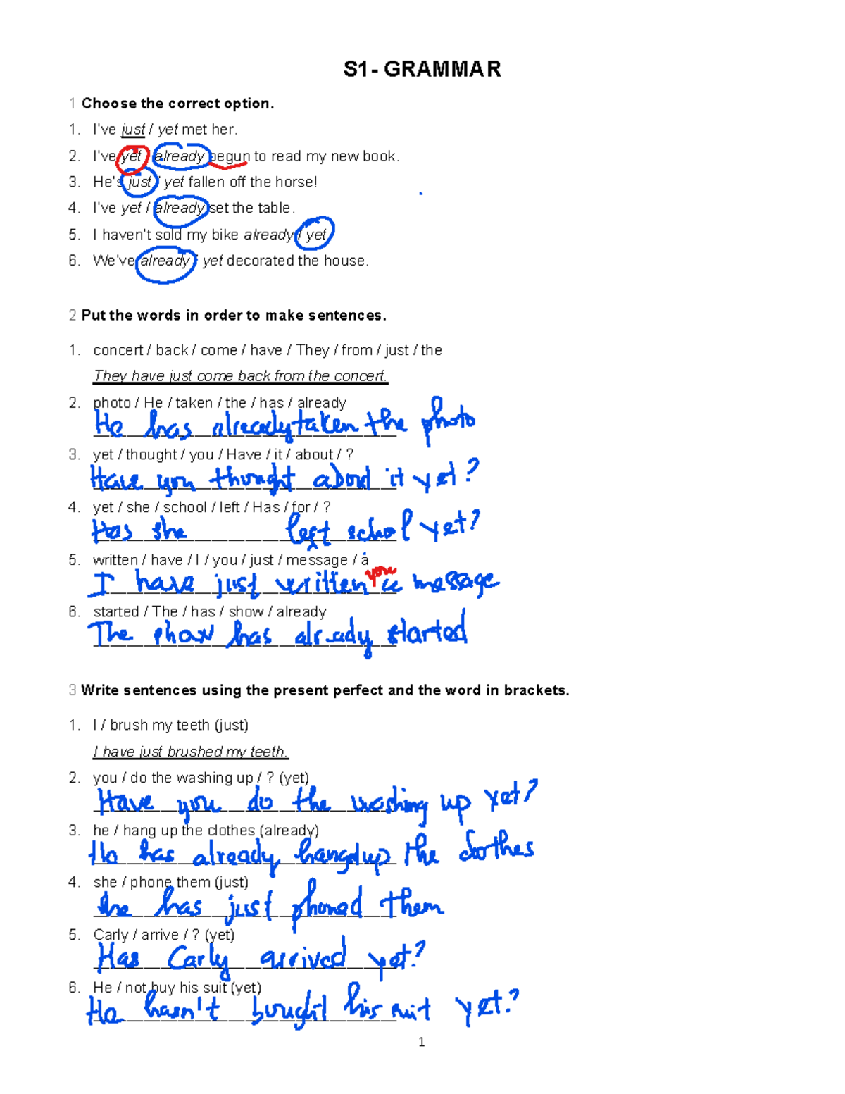 S1 Grammar 1: Present Perfect Exercises and Sentence Formation - Studocu