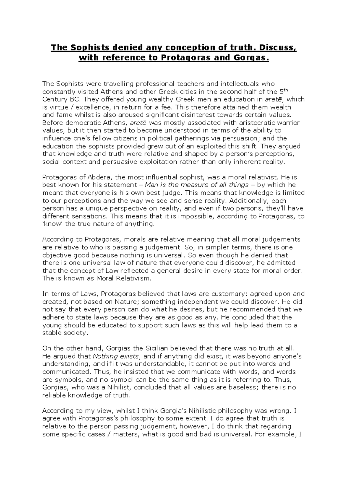 Sophists Essay: Analyzing Truth in Protagoras and Gorgias Perspectives -  Studocu