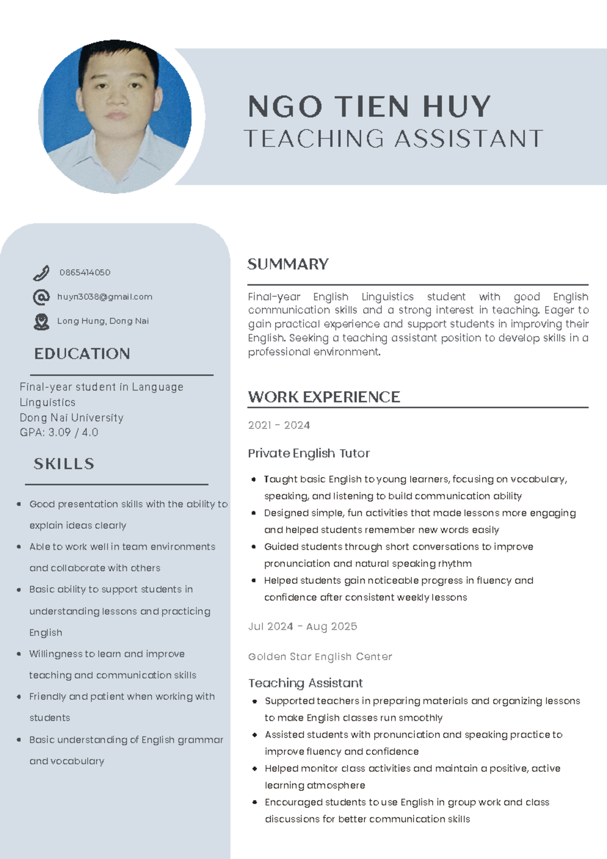 CV for Teaching Assistant Position - NGO TIEN HUY 0865414050 - Studocu