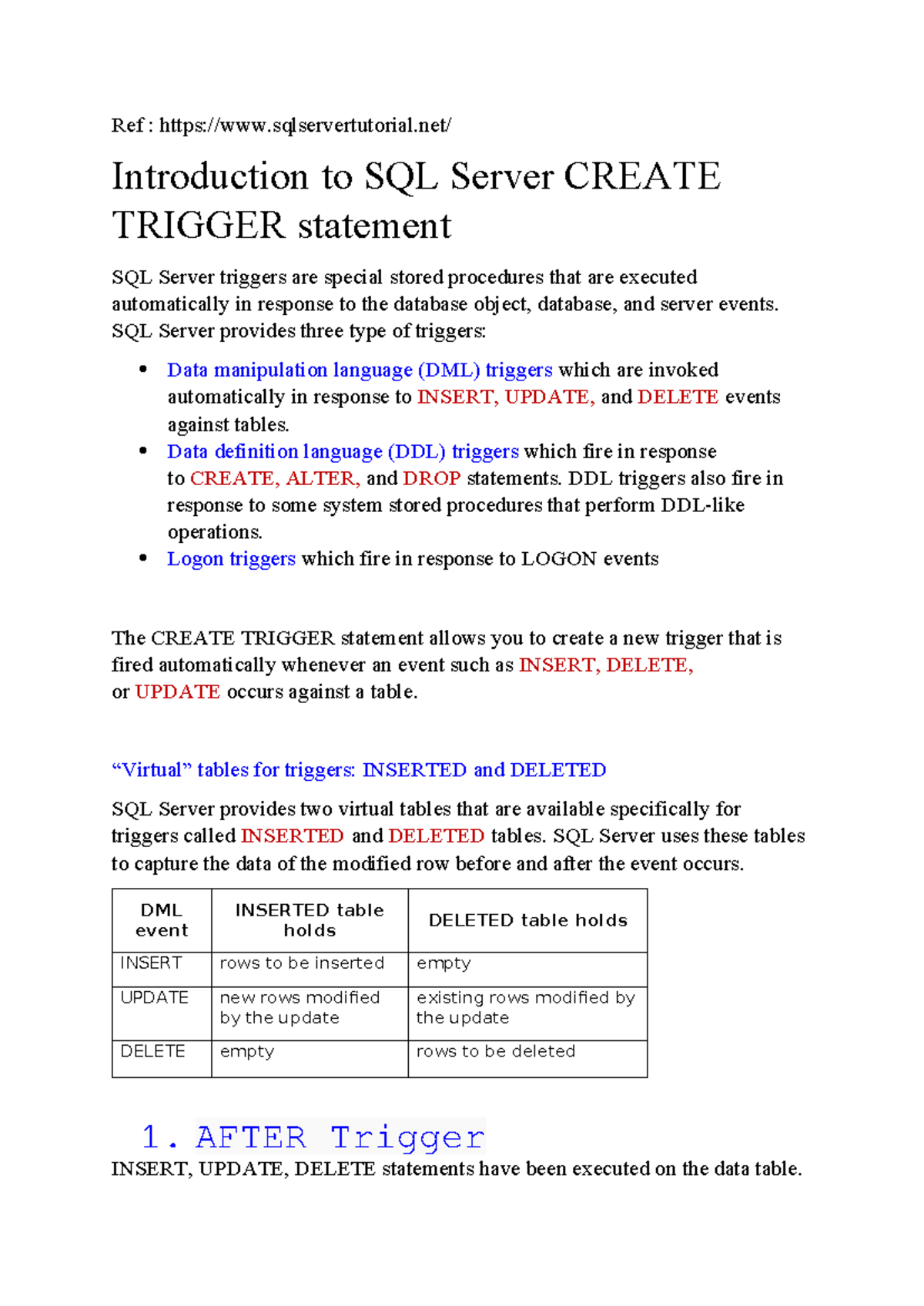 SQL Server: Understanding CREATE TRIGGER Statement and Types - Studocu