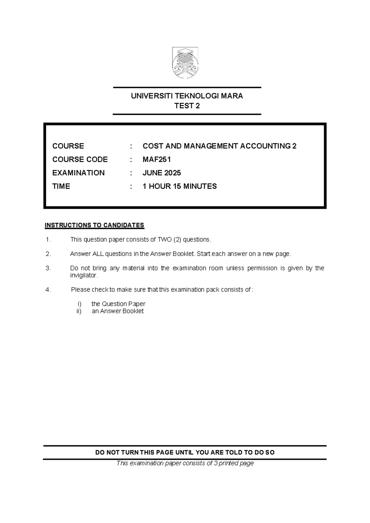 TEST 2 MAF251 COST & MANAGEMENT ACCOUNTING 2 JUNE 2025 EXAM PAPER - Studocu