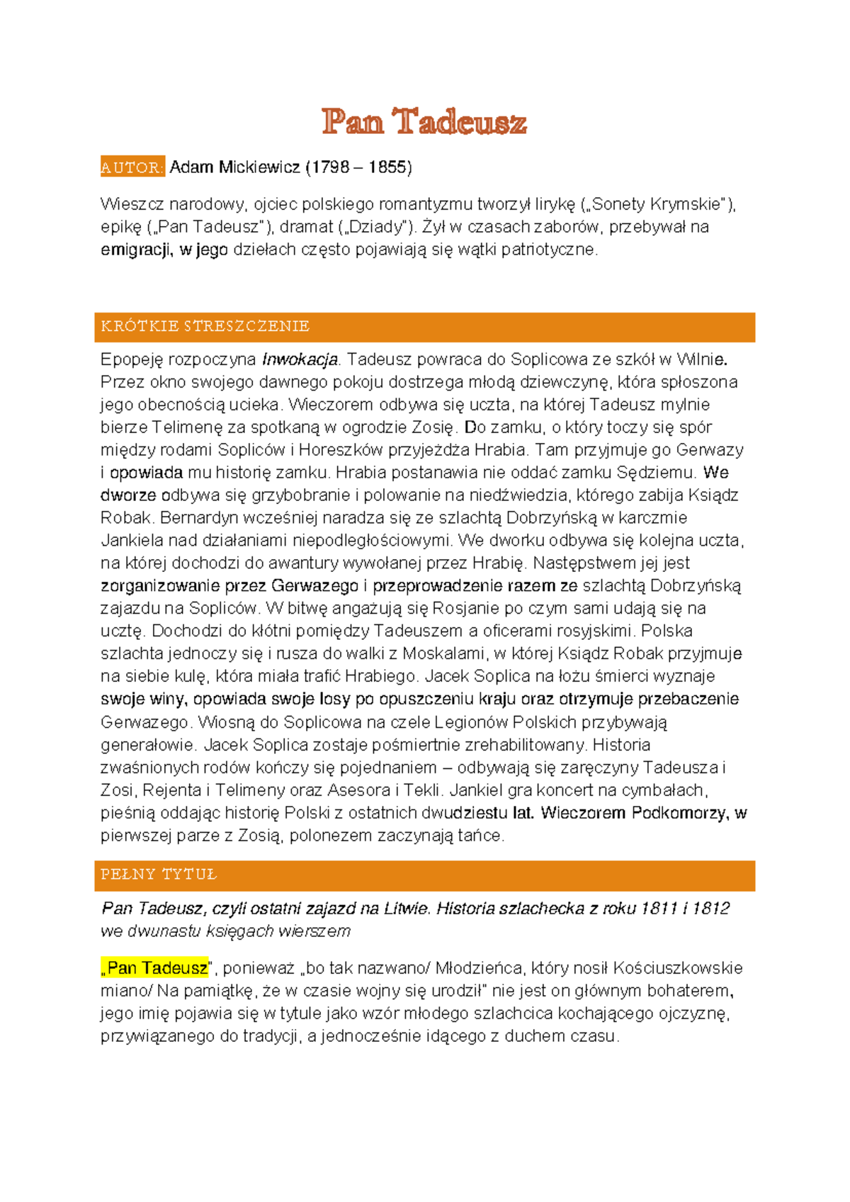 Sprawdzian Z Polskiego Pan Tadeusz www.studocu.com
