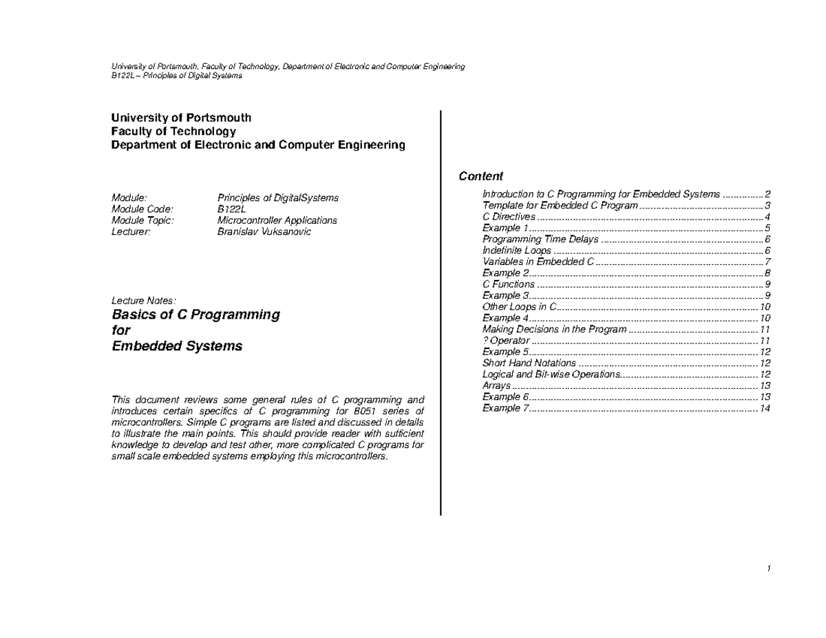 B122L Lecture Notes: C Programming for Embedded Systems - Studocu