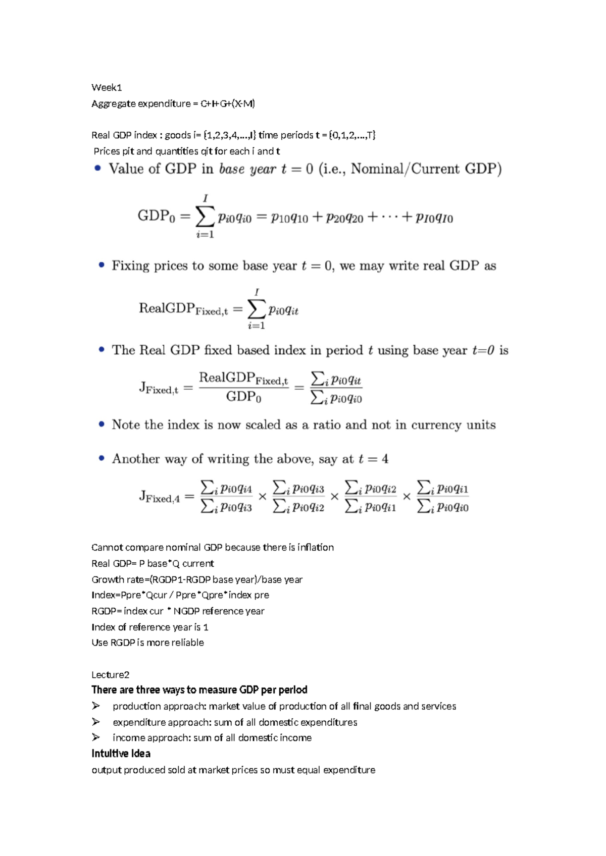 Macro Notes - Week Aggregate expenditure = C+I+G+(X-M) Real GDP index ...