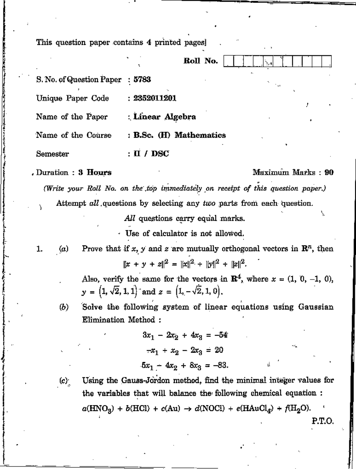Linear Algebra B.Sc. (H) Mathematics Semester 11 Exam Paper 5783 - Studocu