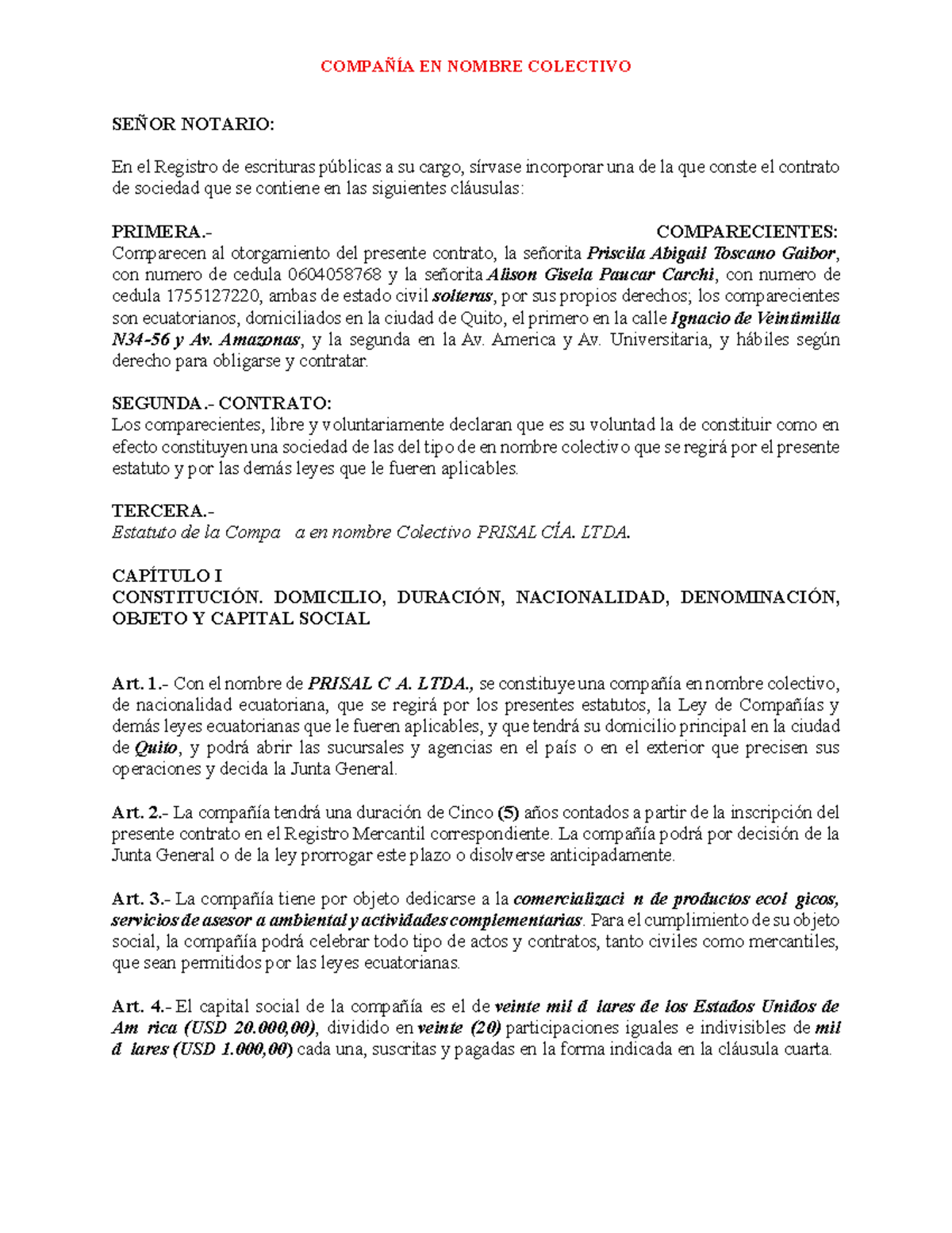 Compañía en Nombre Colectivo: Estatutos de PRISAL CÍA. LTDA. - Document Preview