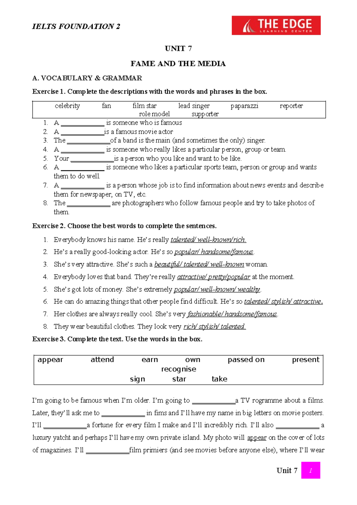 Unit 7 English Vocabulary & Grammar: Fame and the Media Exercises - Studocu