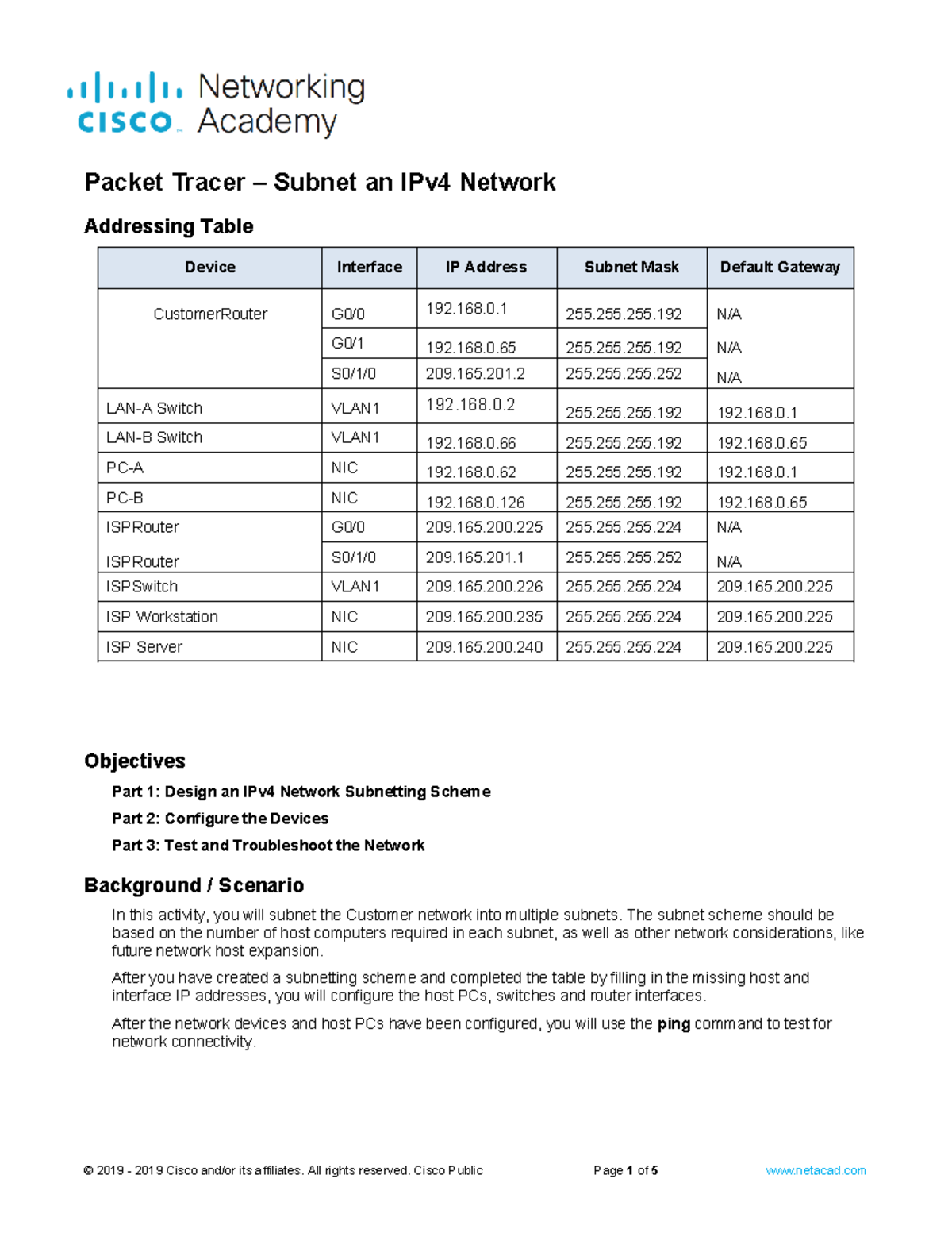11 - ANSWERS - Addressing Table Device Interface IP Address Subnet Mask ...