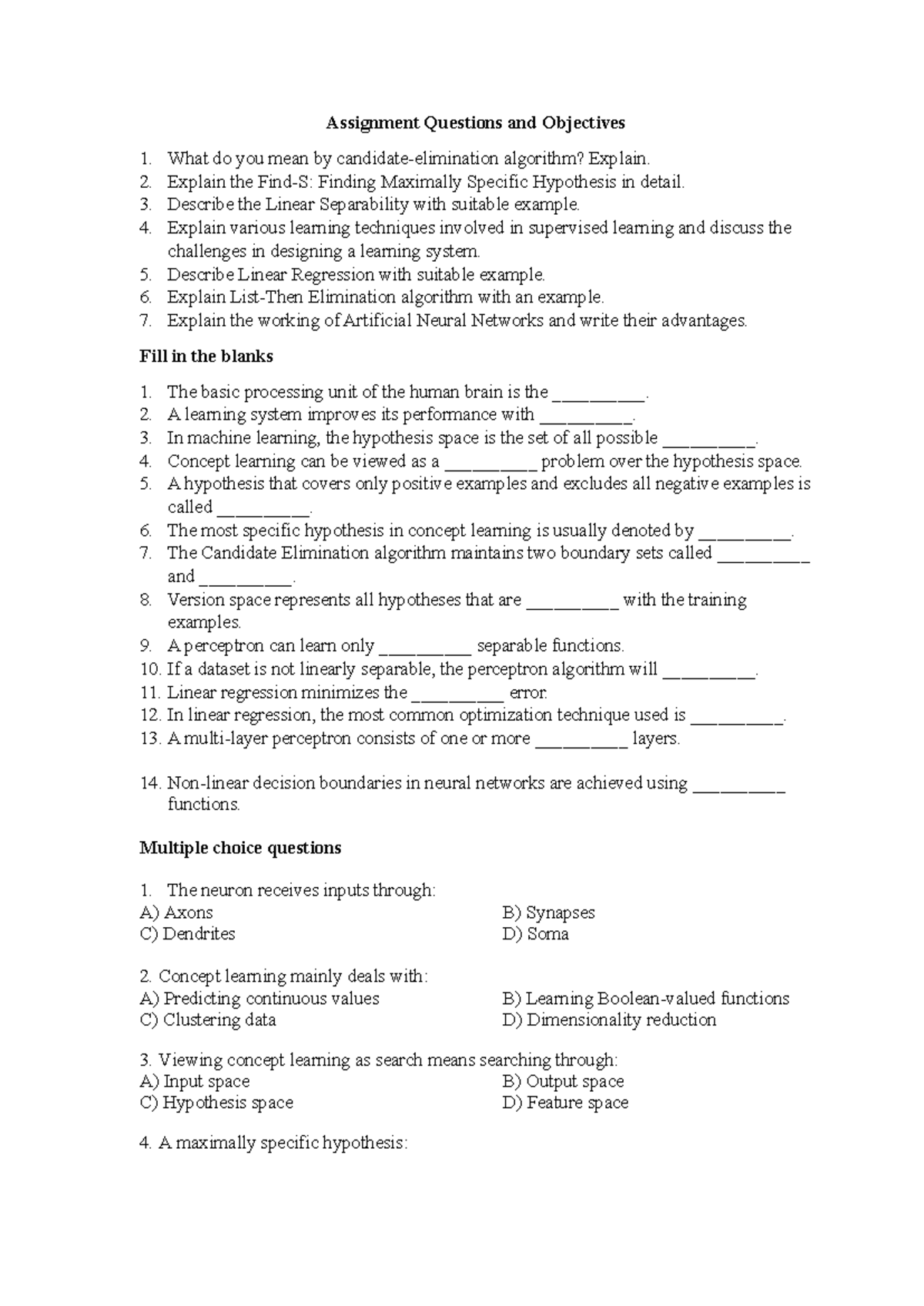 Unit-1 Assignment Questions on Learning Algorithms and Techniques - Studocu