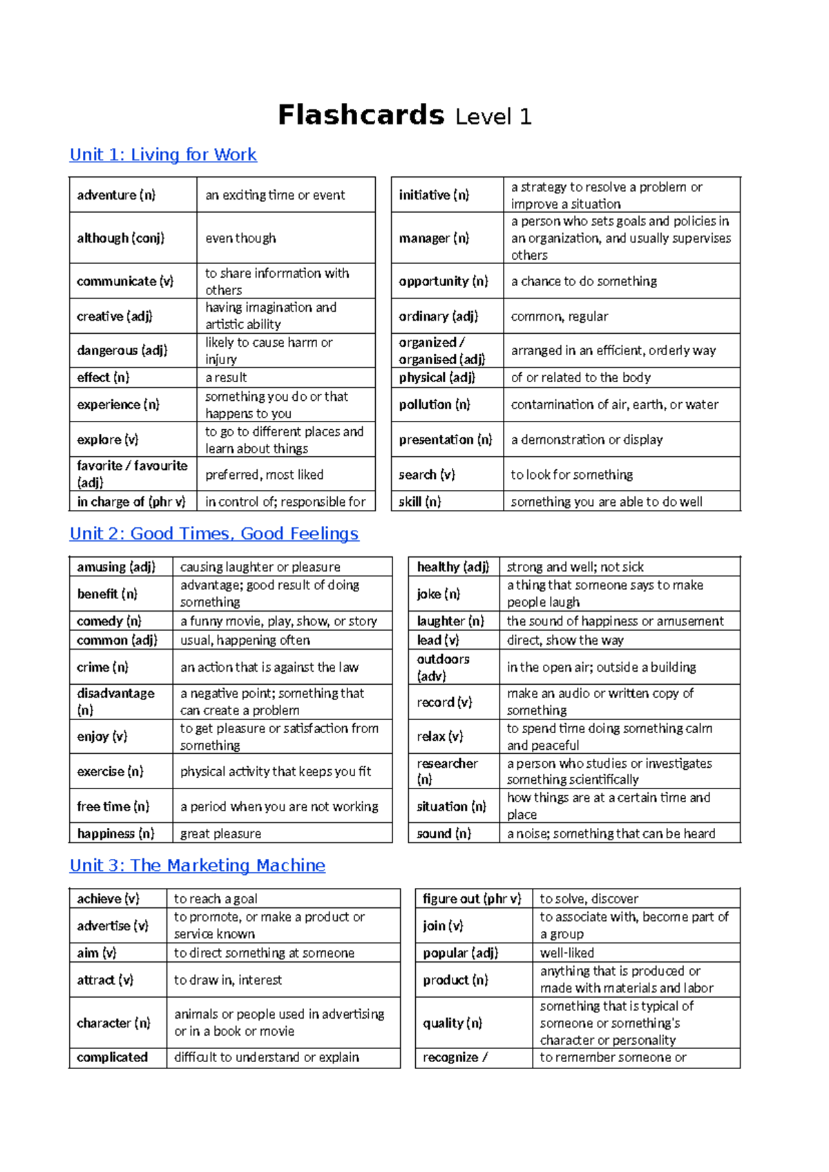 2.Flashcards Level 1: Vocabulary & Concepts for Communication - Studocu